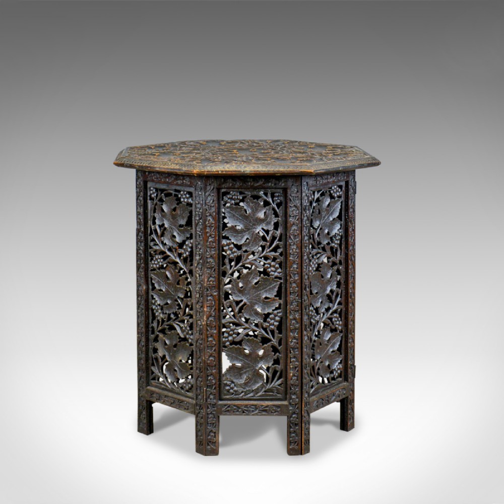 Antique Campaign Table, Carved, Asian Teak, Side, Early 20th Century Circa 1900 