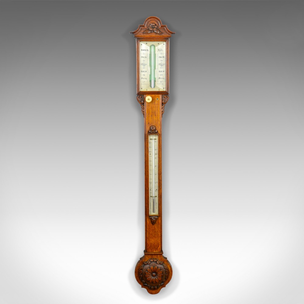 Antique Stick Barometer, Davis Leeds, English, Oak, Scientific Instrument c.1830