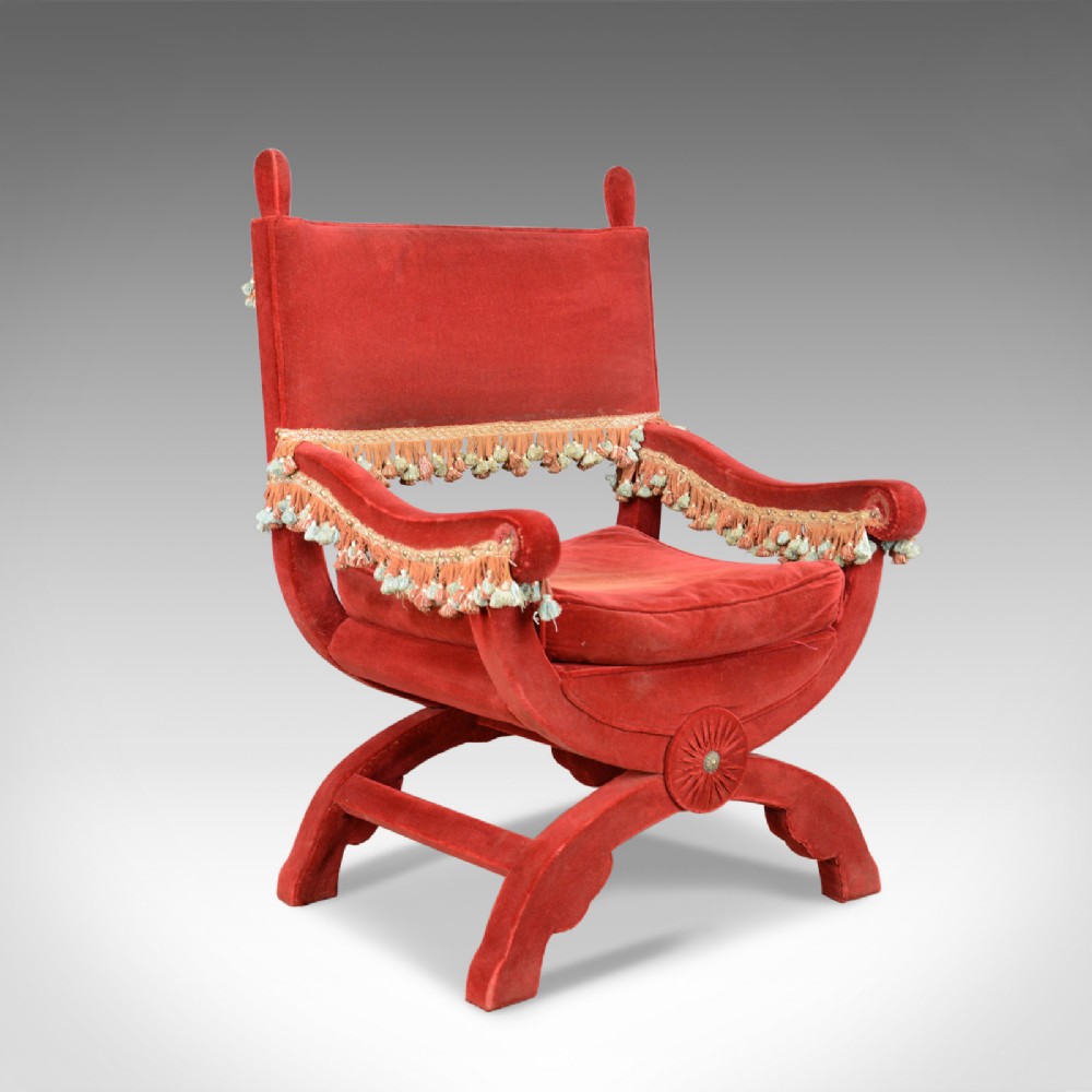 Large Antique Armchair, Italian, X Frame Chair, Red Velvet, C17th Revival C.1900