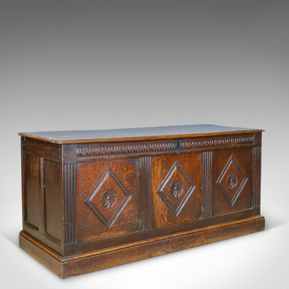 Antique Coffer, English, Oak, Joined Chest, Three Panel Trunk, c.1700 and Later