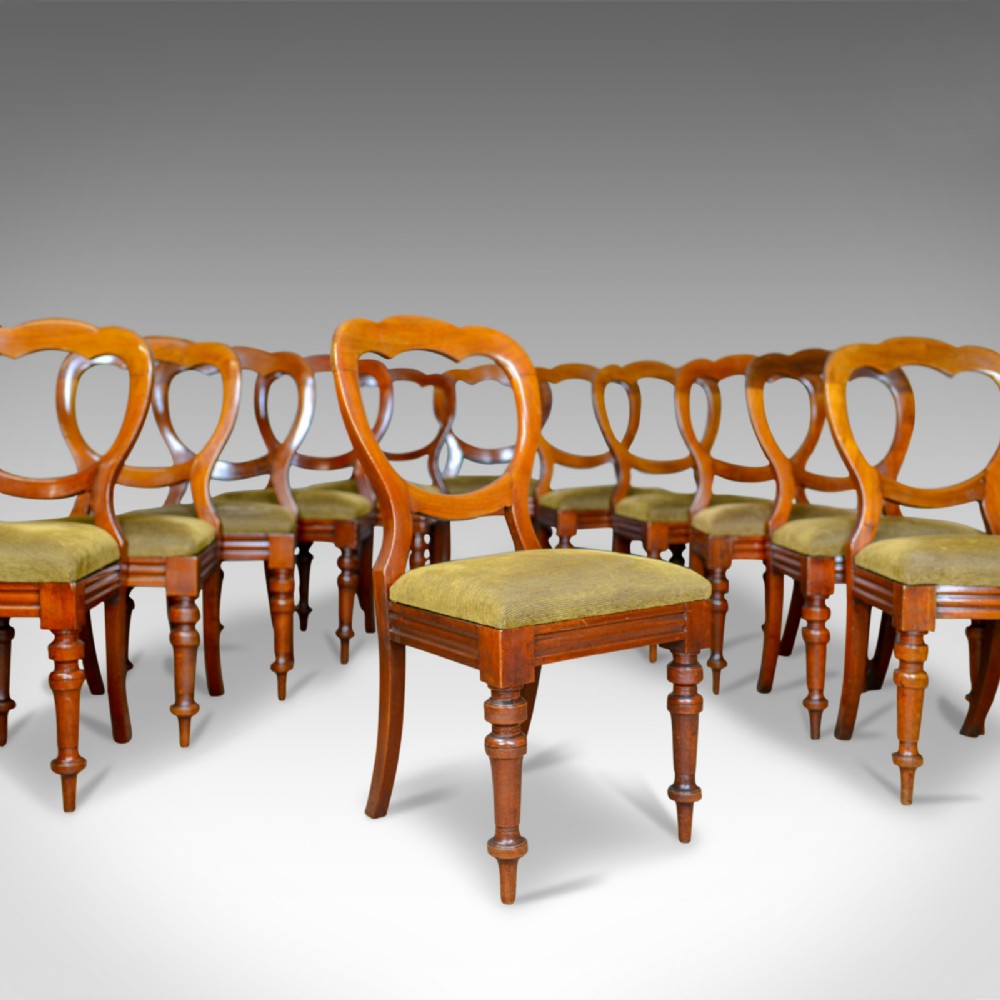Long Set of 12 Antique Dining Chairs, English, Victorian, Balloon Back, c.1850