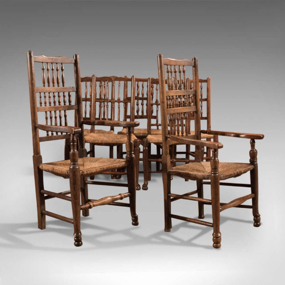 Harlequin Set of 7 Antique Spindle Back Dining Chairs Lancashire Country c.1800