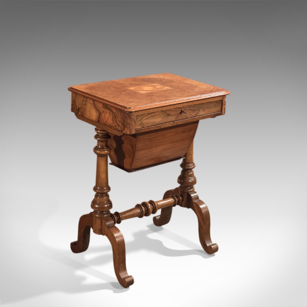 Antique Work Table, Victorian, Sewing, English, Burr Walnut, Side Circa 1860