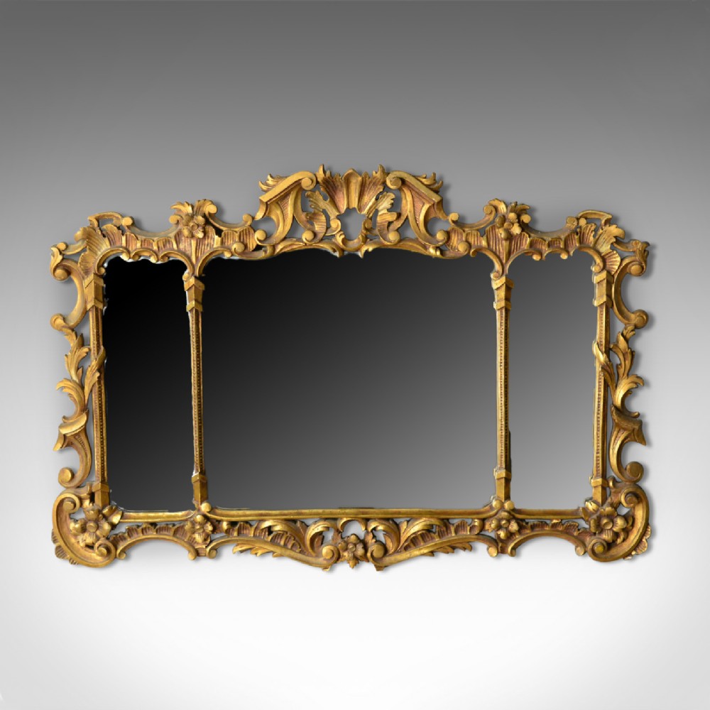 Antique Overmantel Mirror, English, Regency Revival, Giltwood, Triptych c.1900