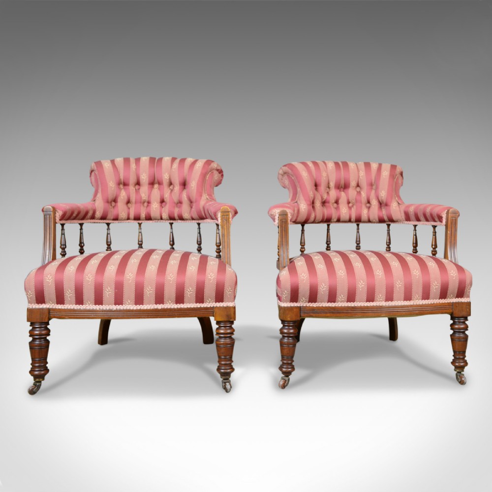 Pair of Antique Salon Chairs, English, Edwardian, Scroll Back Armchairs c.1910