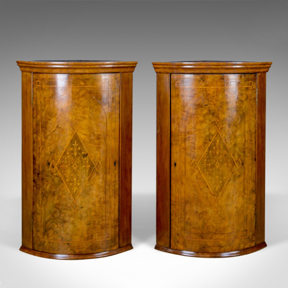Antique Pair of Georgian Revival Corner Cabinets, English, Burr Walnut, c.1910