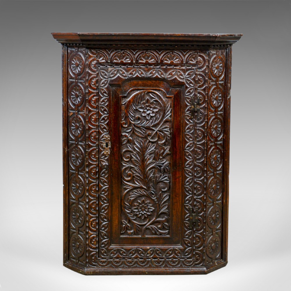 Antique Corner Cabinet, English, Georgian, Carved, Oak, Hanging Cupboard c.1760