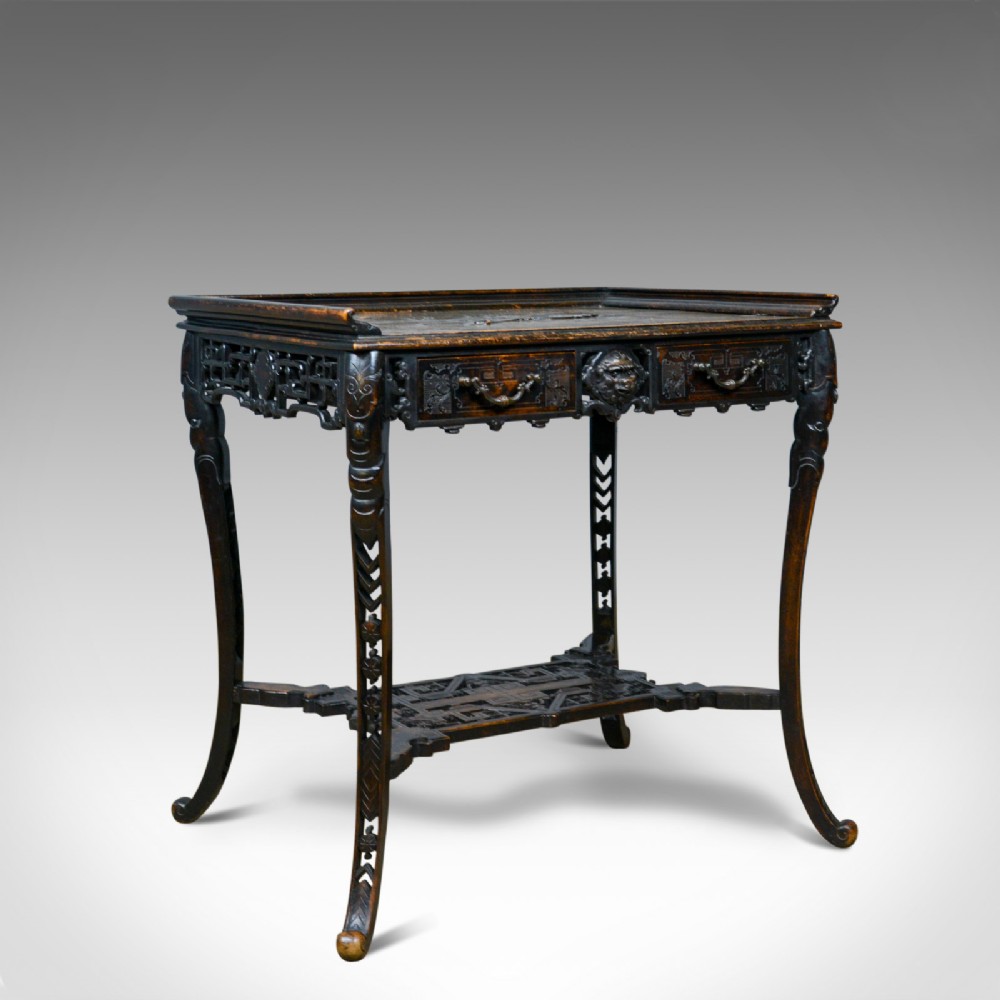 Antique Chinese Export Side Table, Carved, Oriental, Victorian, Circa 1900