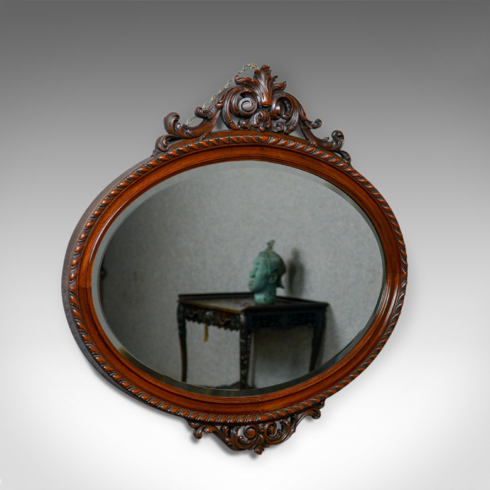 Antique Wall Mirror, Edwardian, Ovular, Carved Walnut, C20th, Circa 1910