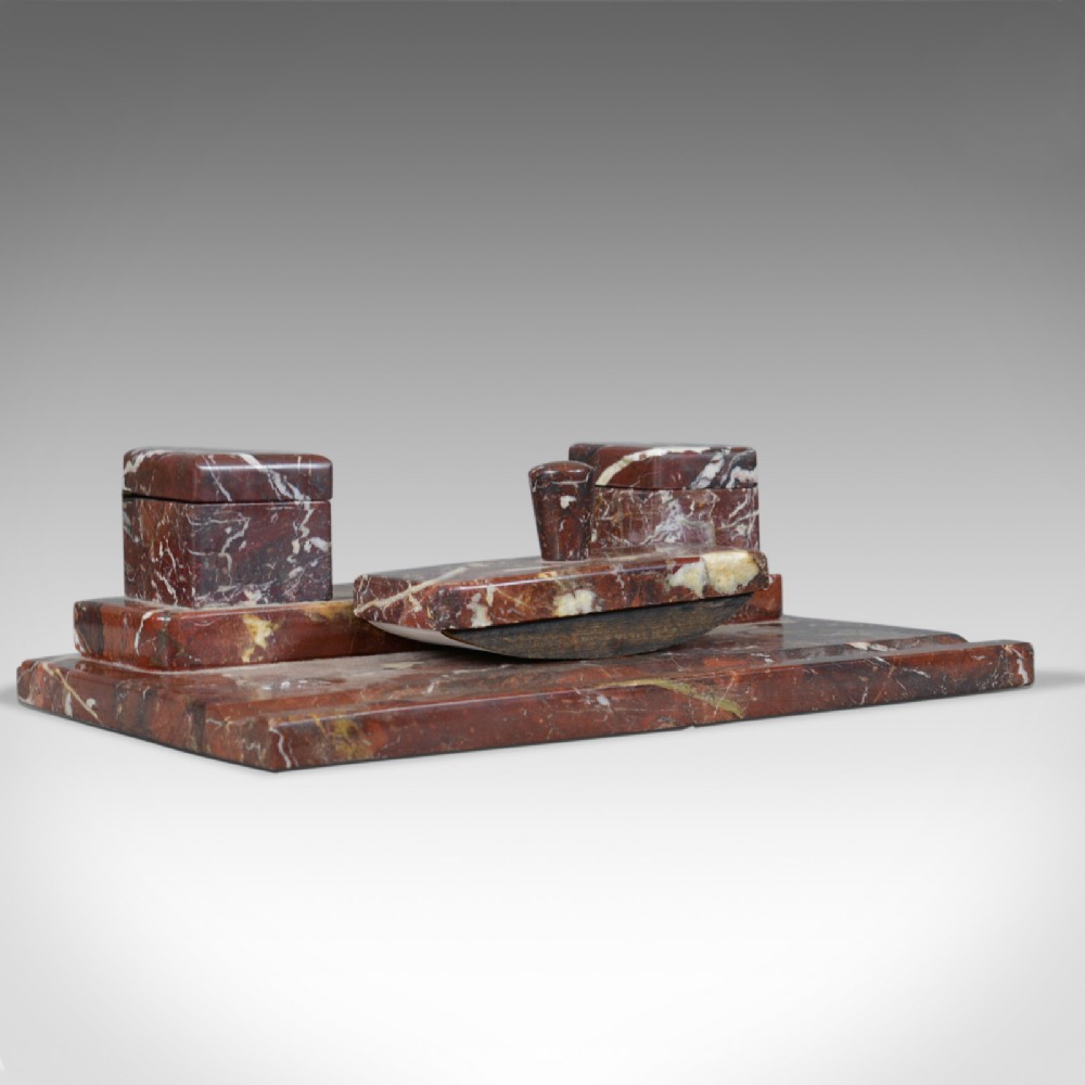 French Antique, Art Deco, Marble Desk Stand, Large, Inkwell, Blotter, c.1930