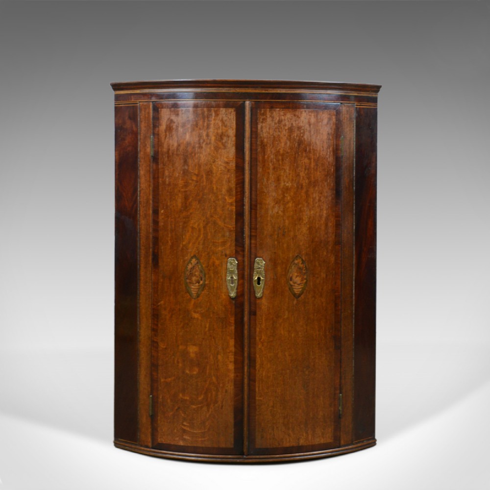 Antique Corner Cabinet, English, Georgian, Bow Fronted, Oak, Hanging, Circa 1760