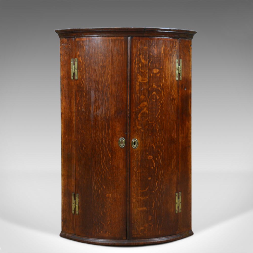 Antique Corner Cabinet, English, Georgian, Bow Fronted, Oak, Hanging, Circa 1780