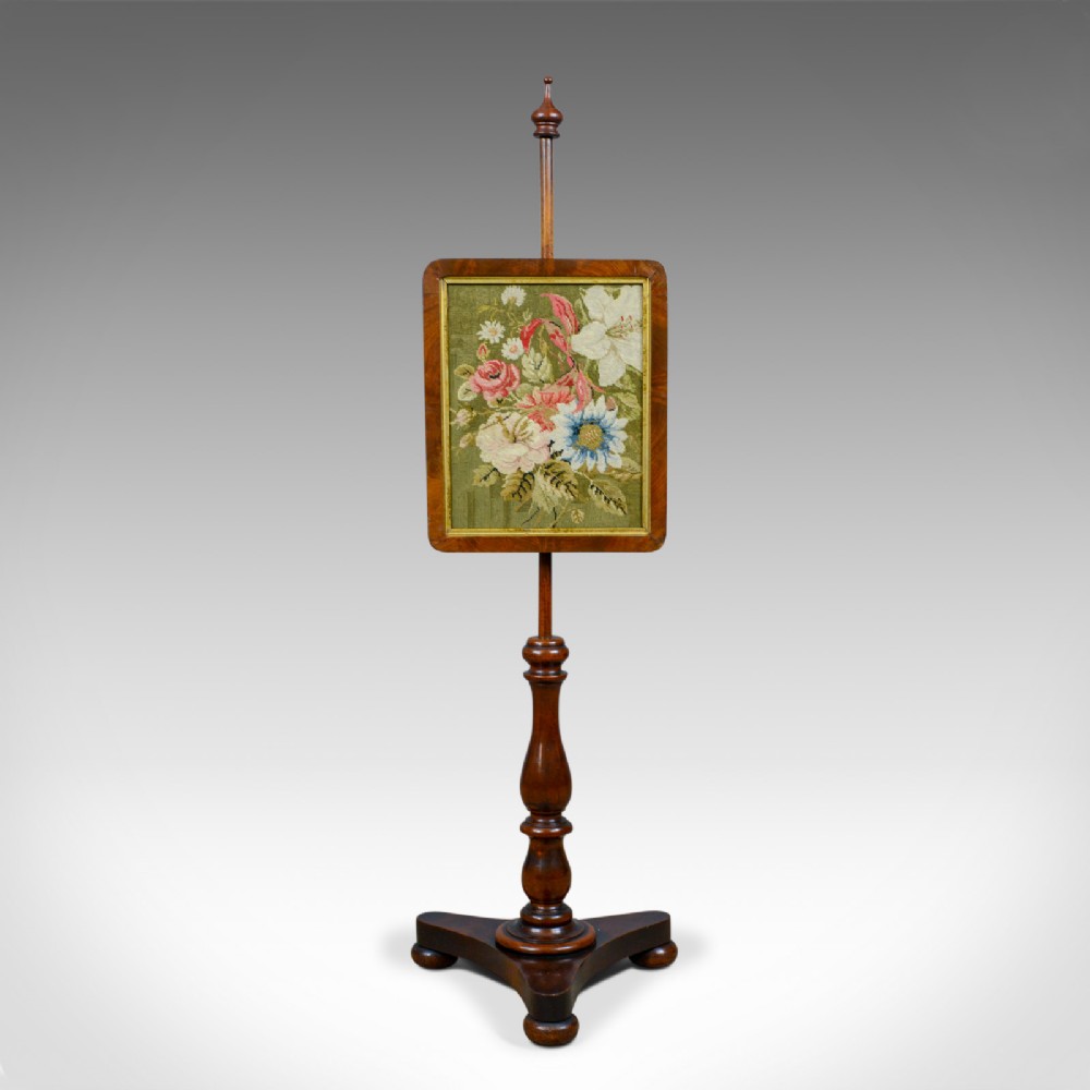 Antique Pole Screen, English, Regency, Walnut, Fire, Needlepoint, Tapestry c1820