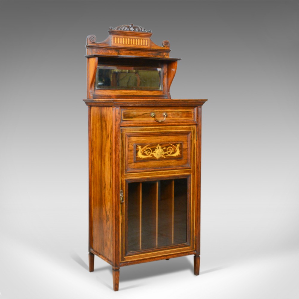 Antique Music Cabinet, Rosewood, English, Victorian, Mirror Back, Circa 1880