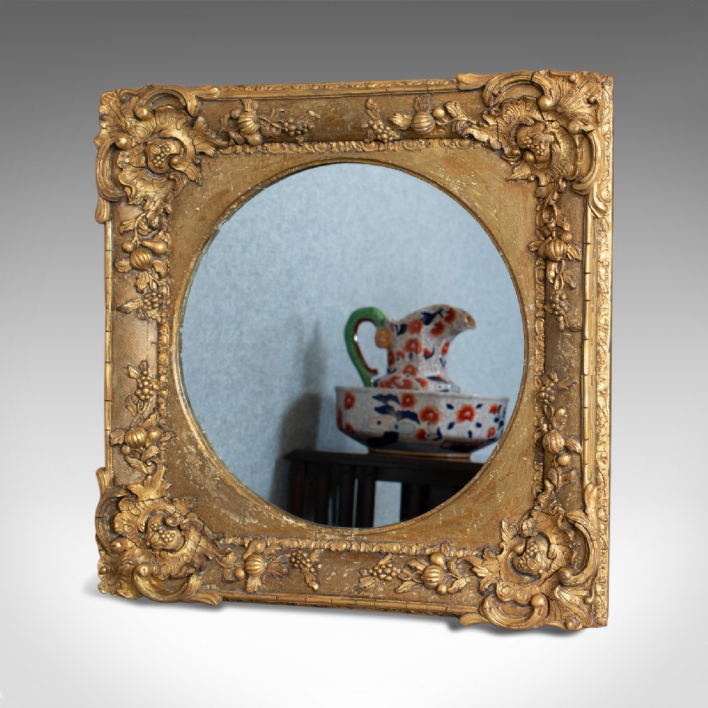 Antique Wall Mirror, English, Victorian, Gilt Gesso, Square, Circular Circa 1870