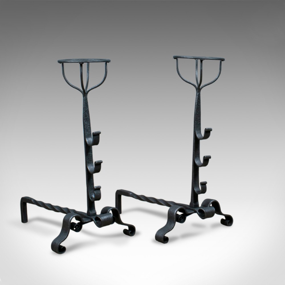 Antique Pair of Firedogs, English, Medieval Revival, Andirons, Forged Circa 1900