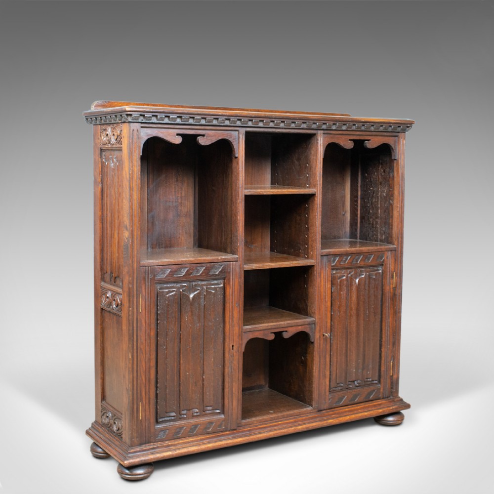 Antique Bookcase Cabinet, Oak, Gothic Overtones, Robertson and Coleman, c.1880