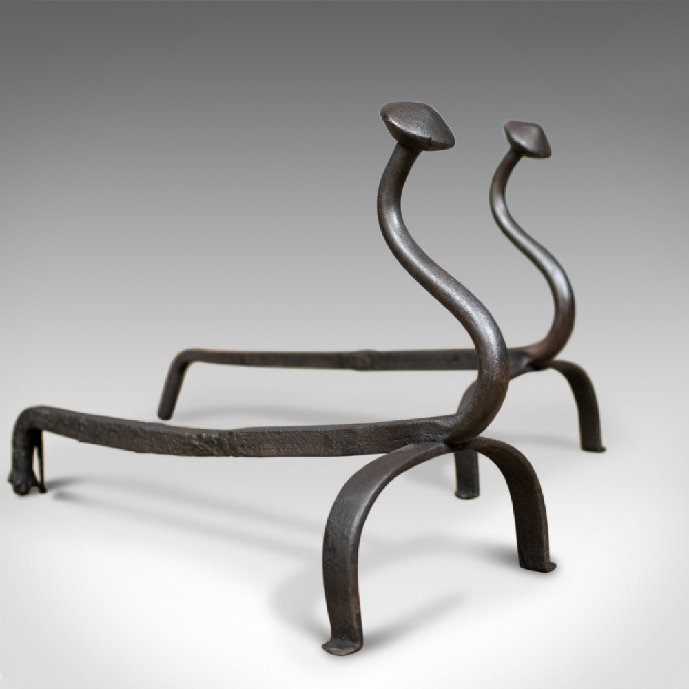 Antique Andirons, French, Wrought Iron, Firedogs, Forged, 20th Century, c.1900