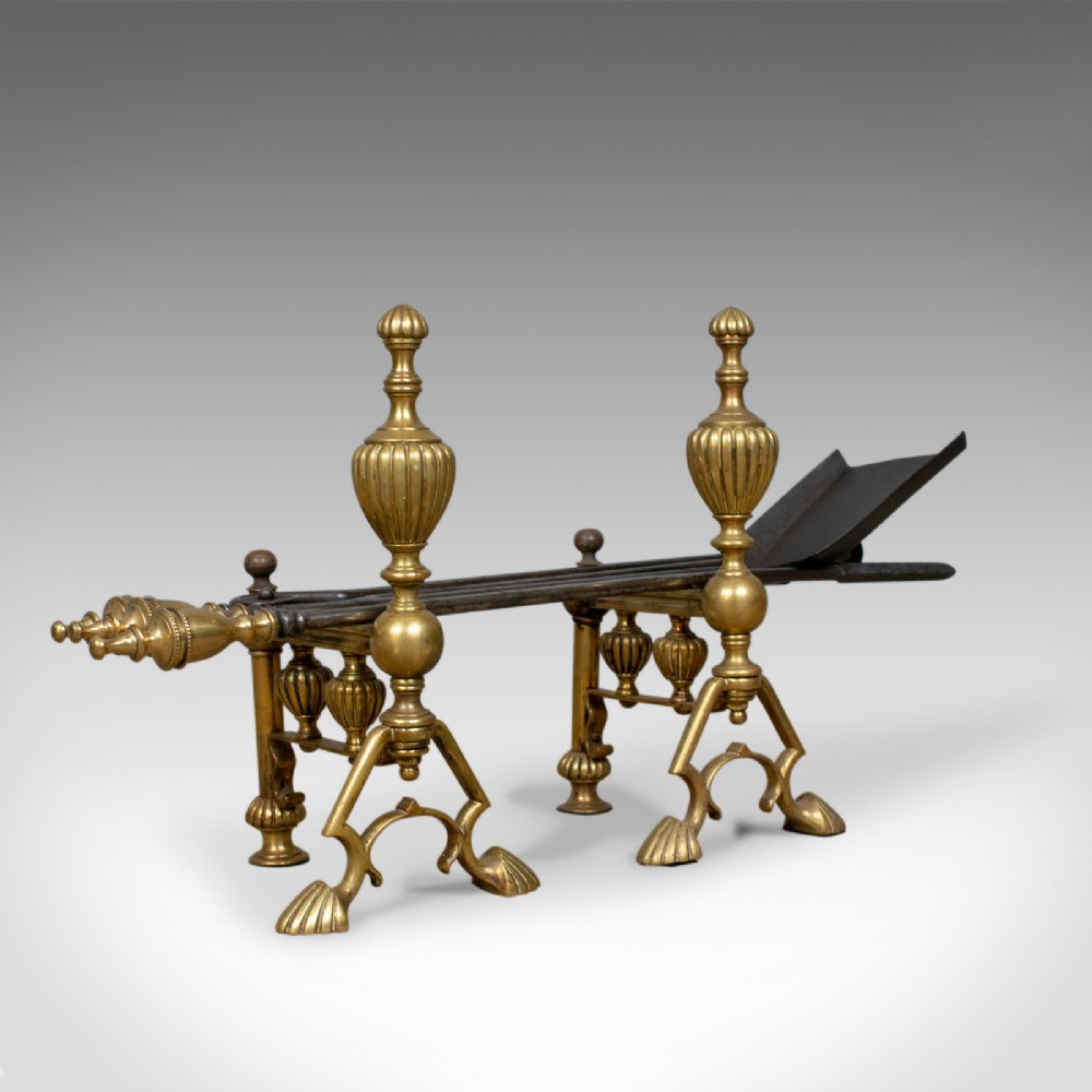 Antique Companion Set of Fire Irons on Rests, Classical Revival, Circa 1880