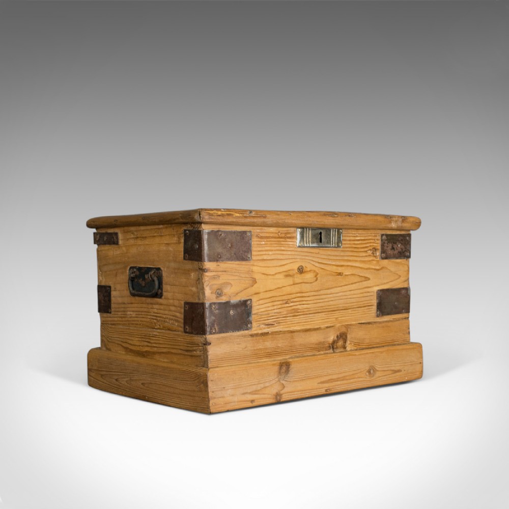 Small Antique Carriage Chest, Victorian, Metal Bound, Pine Trunk, Circa 1870