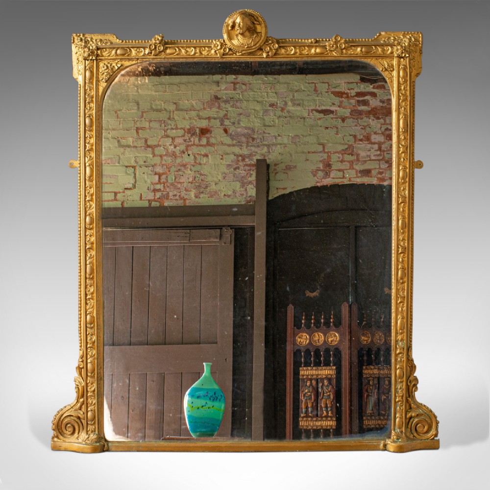 Antique, Overmantel Mirror, Italian, Classical, Gilt Gesso, Wall, Circa 1850