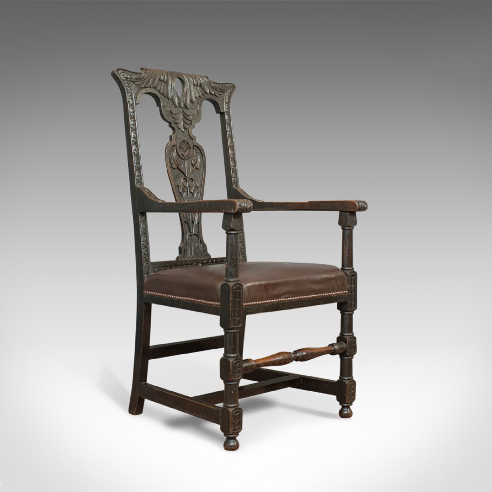 Antique Elbow Chair, Victorian, Oak, Leather, Carver, Armchair, Circa 1870