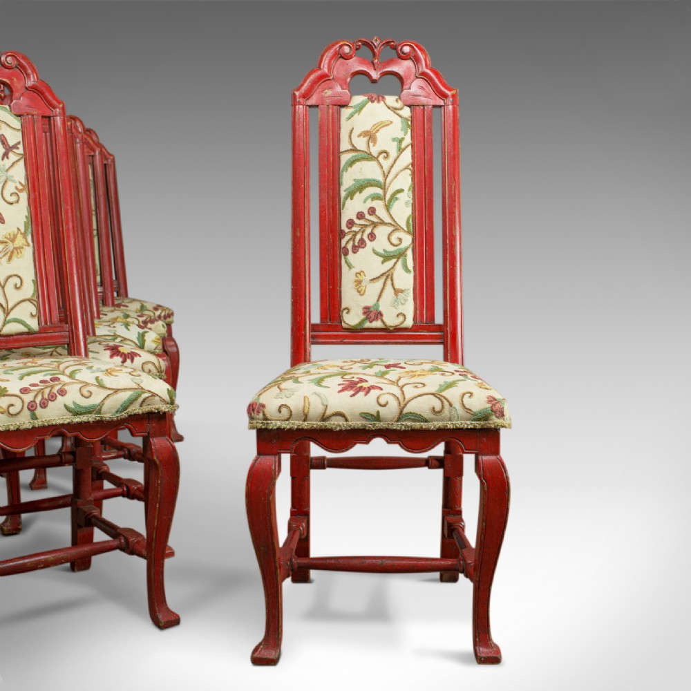 Set of Six Antique Dining Chairs, Continental Painted Kitchen, Needlepoint c1850