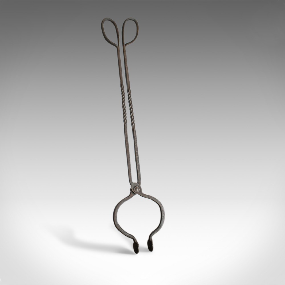 Antique Pair of Large Fire Tongs, Georgian, Hand Forged Iron, Stirrup circa 1800