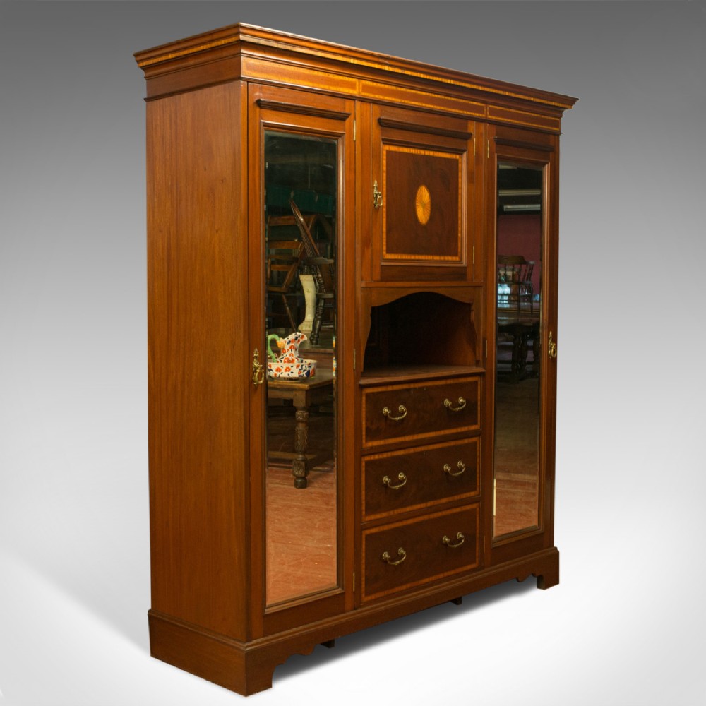Antique Mirrored Wardrobe, English, Edwardian, Mahogany, Boxwood, Circa 1910