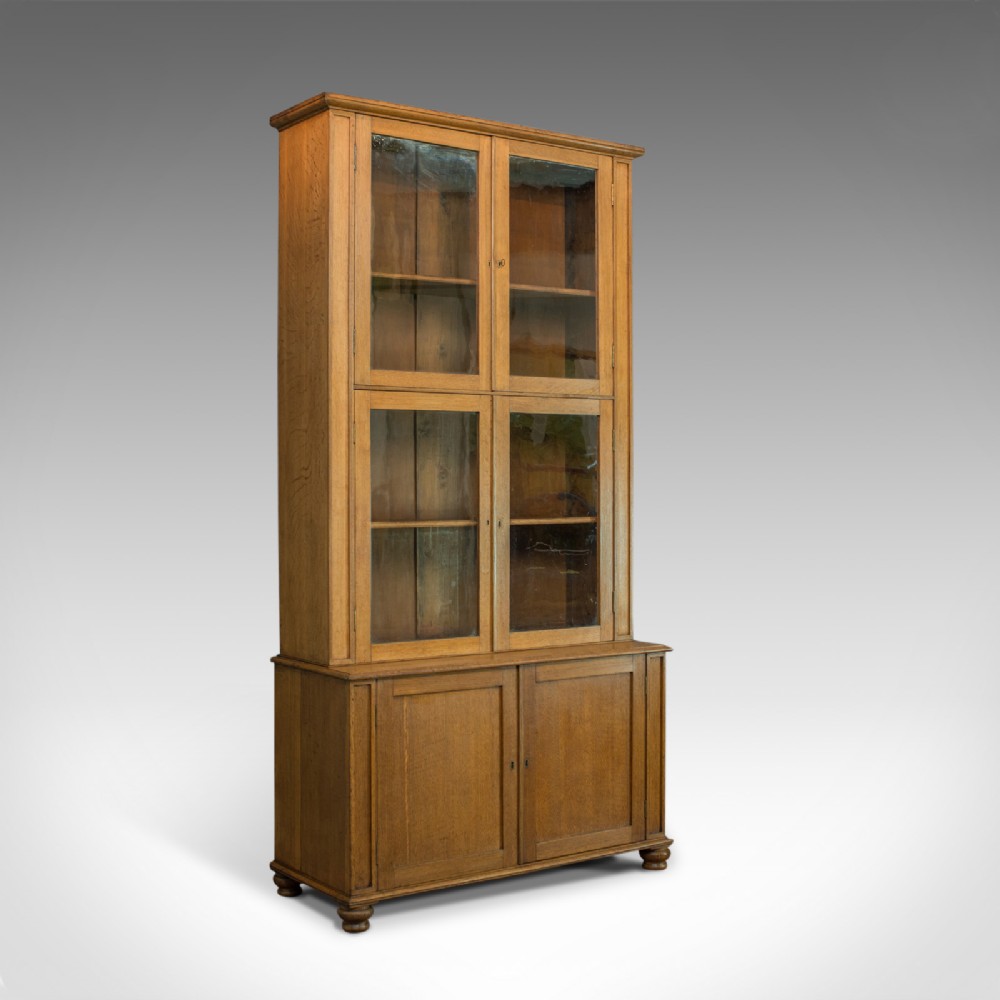 Tall Antique Display Cabinet, English, Edwardian, Oak, Glazed Bookcase, c.1910
