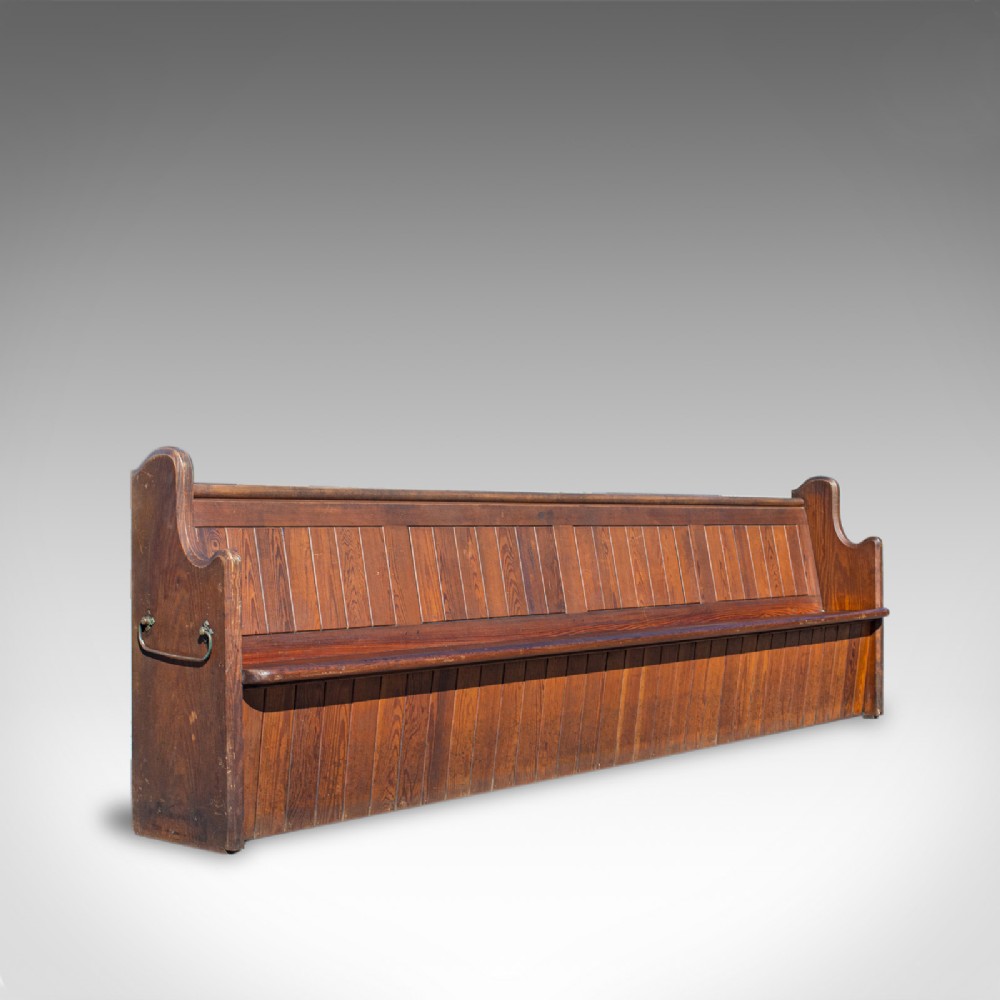 Long 10 foot Antique Pew, English, Pitch Pine, Bench, Seat 7-8, Victorian c.1880