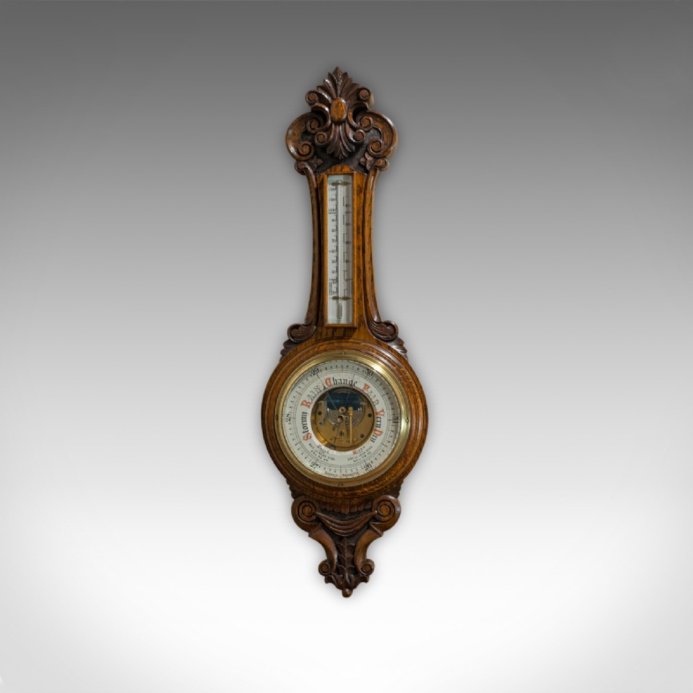 Antique Aneroid Barometer, English, Oak, Banjo, CSSA Ltd, London, Circa 1910