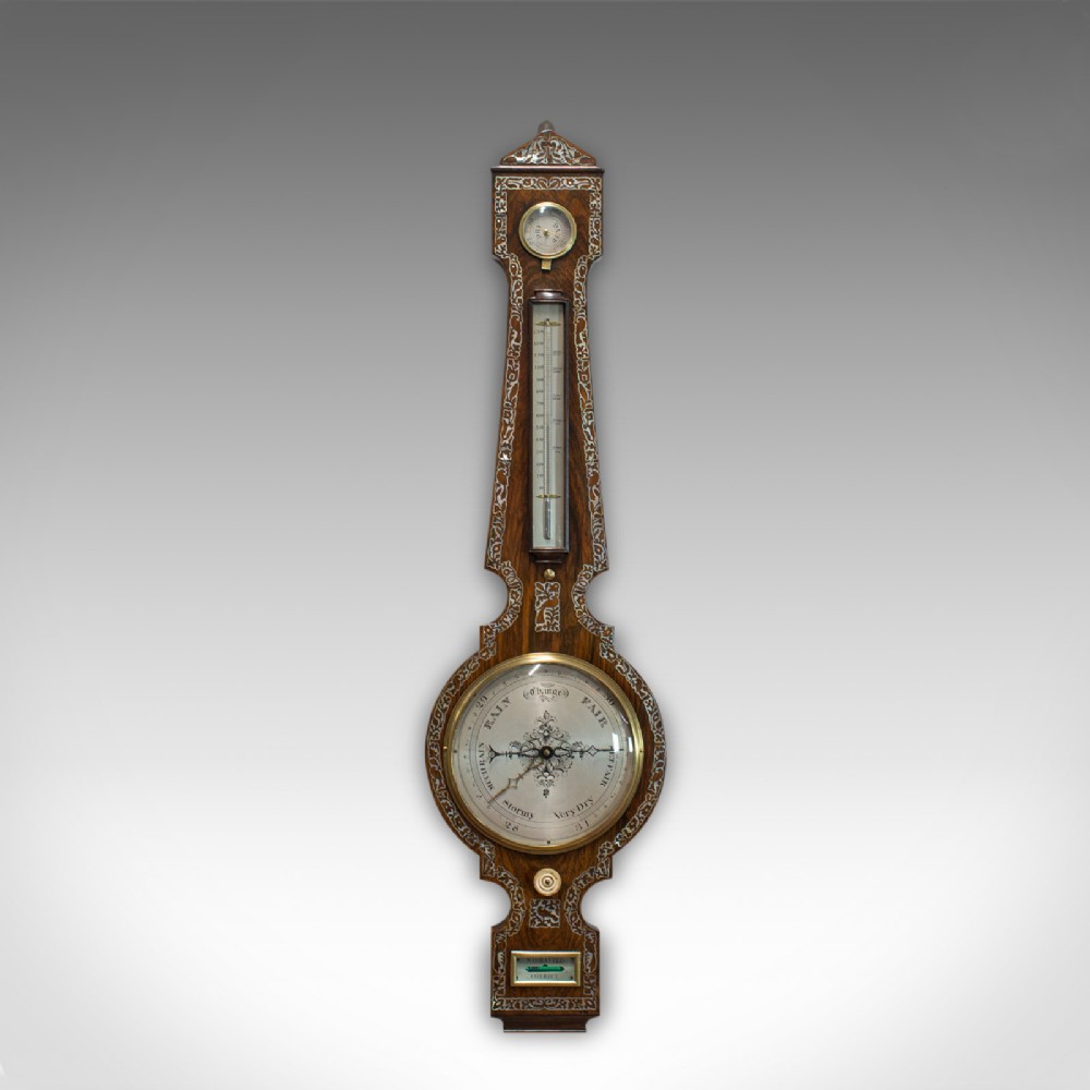 Antique Banjo Barometer, English, Rosewood, Mother of Pearl, Victorian, C.1900
