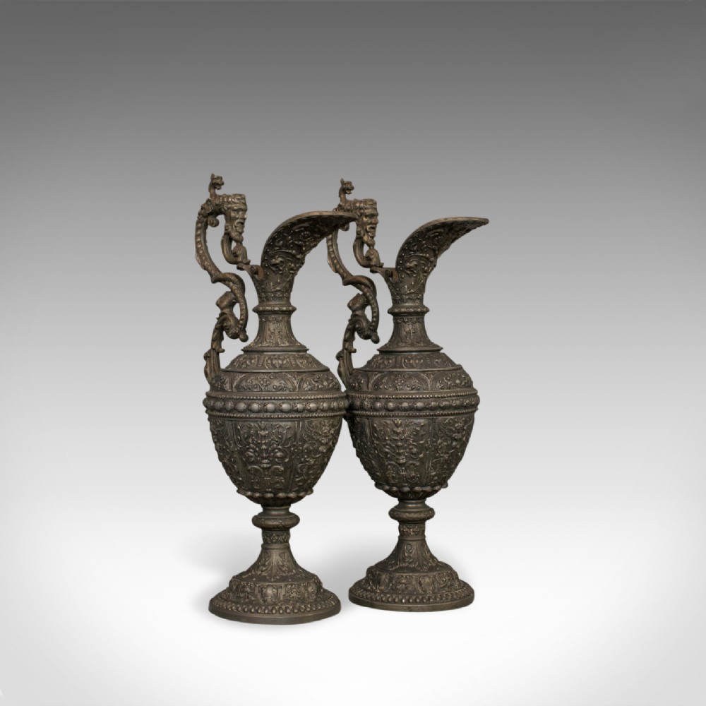 Pair Of, Antique Ewers, Classical Taste, French, Bronze Spelter, Jug, Pitcher