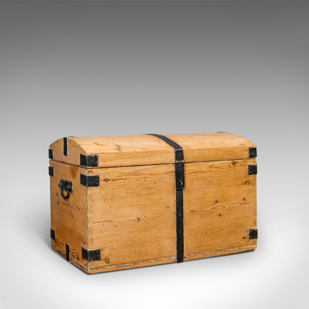 Antique Dome Top Carriage Chest, English, Iron Bound, Pine, Travelling Trunk