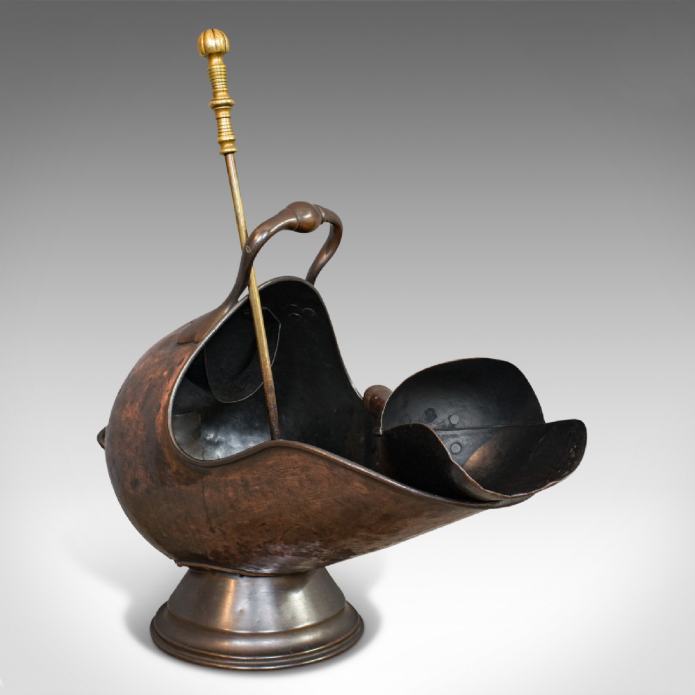 Antique Helmet Coal Scuttle, English, Copper, Fireside, Log Bucket, Victorian
