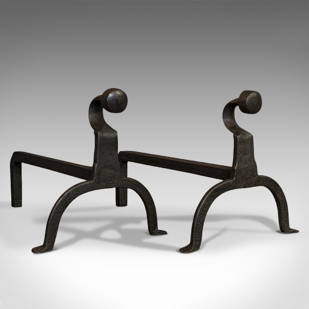 Antique, Pair Of, Firedogs, English, Wrought Iron, Victorian, Fireside, Andirons