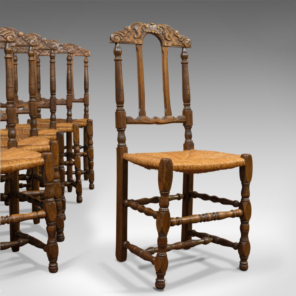Set of 6 Antique Dining Chairs, French, Beech, Country Kitchen Suite, Circa 1900