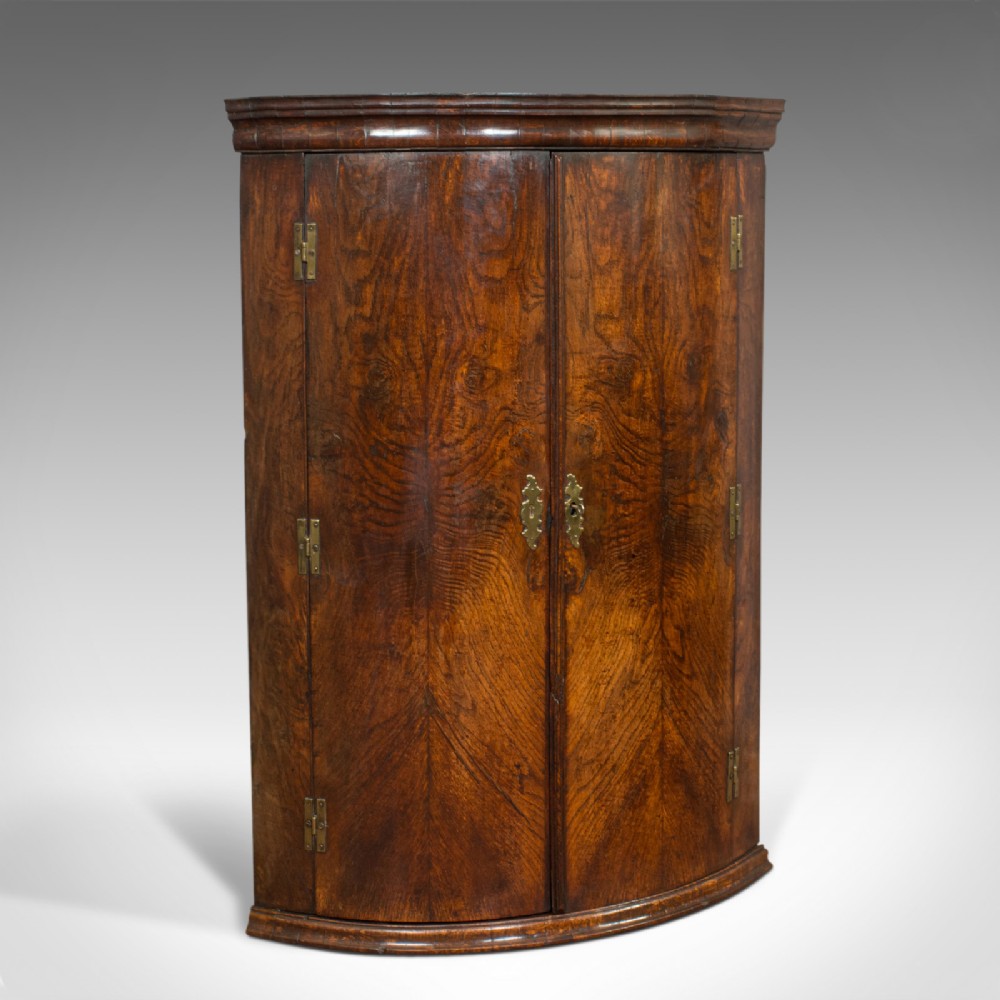 Antique Corner Cupboard, English, Oak, Bow Front, Hanging Cabinet, Georgian
