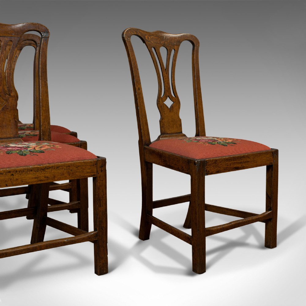 Antique Set of 4 Dining Chairs, Oak, Country House, Chippendale Style, Georgian
