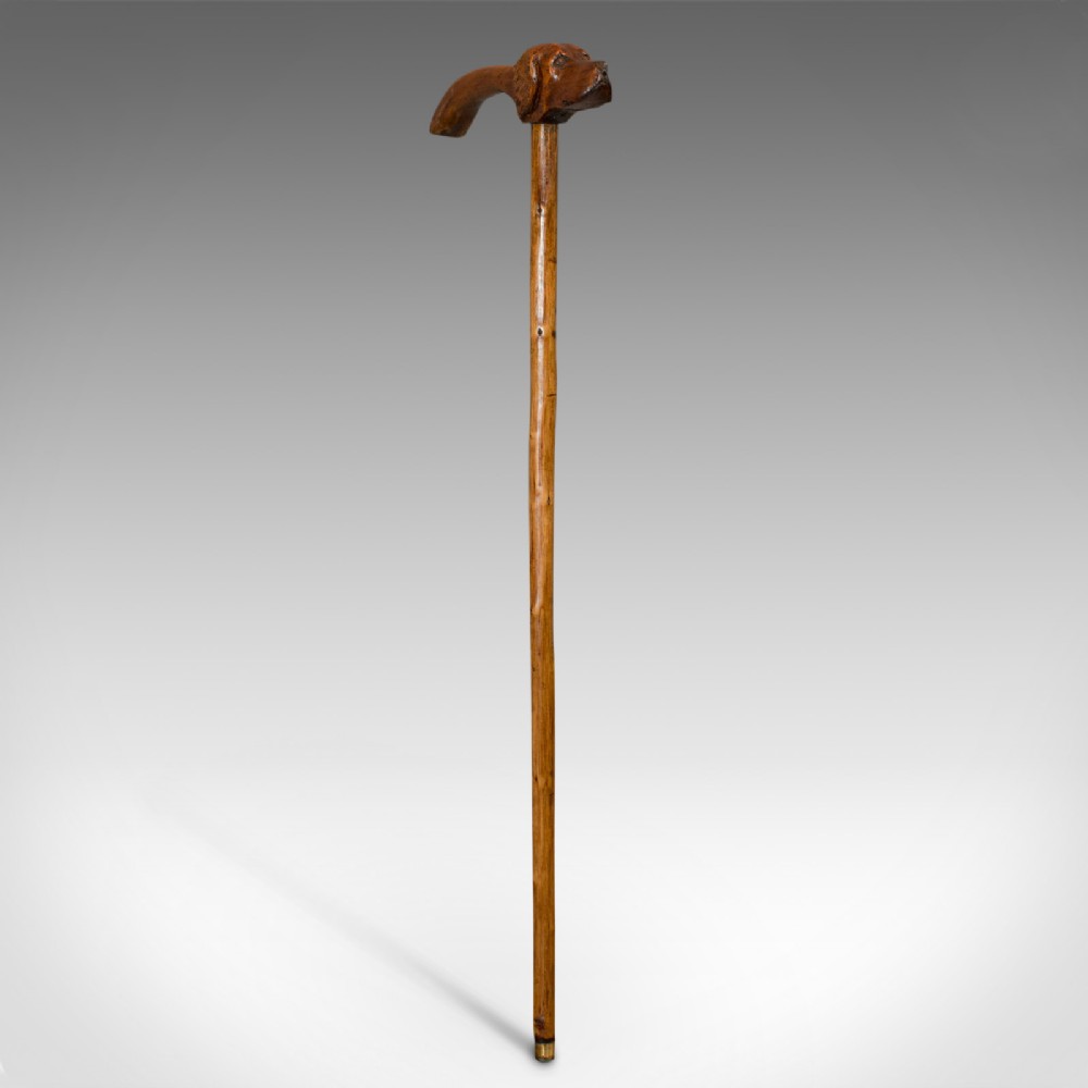 Antique Walking Cane, Fruitwood, Carved Country Shooting Stick, Dog, Victorian
