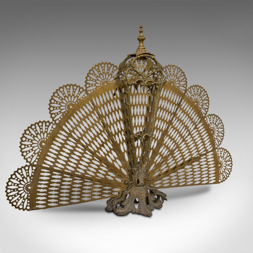 Antique Peacock Fire Screen, French, Brass, Fireside, Art Nouveau, Victorian