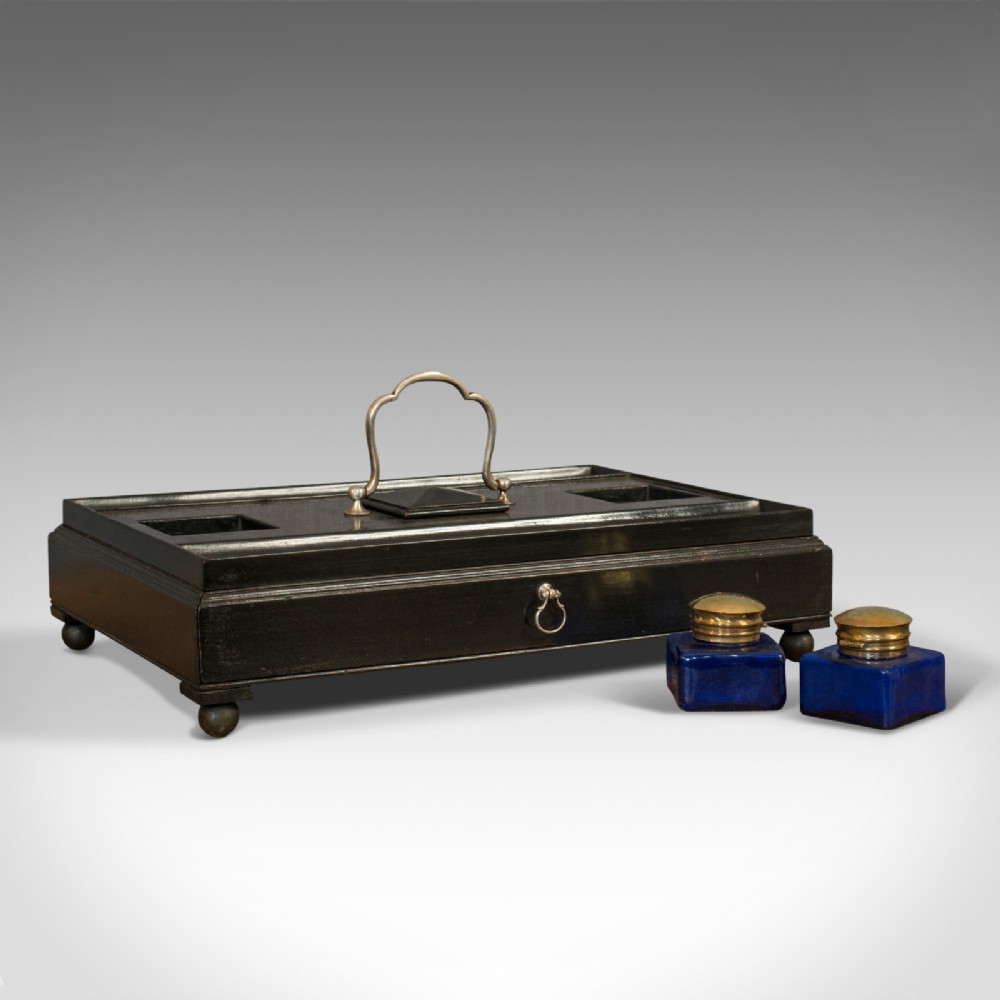 Antique Double Ink Well, English, Mahogany, Desk Tidy, Aesthetic Period, 1880