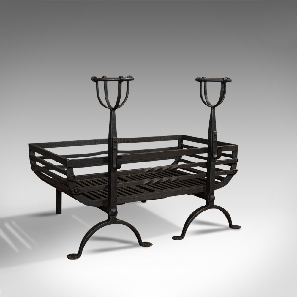 Antique Fire Basket, Pair of Andirons, English, Iron, Fireside, Victorian, 1900