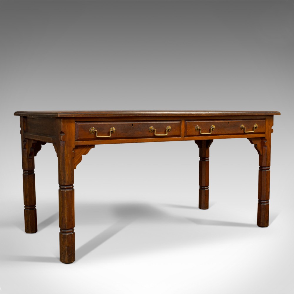 Antique Desk, English, Pitch Pine, 2 Drawer, Gothic Revival, Victorian