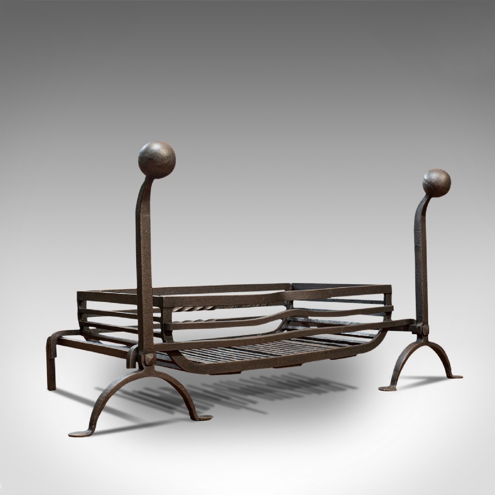 Large Antique Fireplace, English, Wrought Iron, Fire Basket, Andirons, Victorian