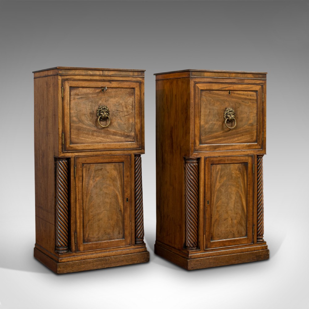 Tall, Antique, Pair of, Side Cabinets, English, Mahogany, Nightstand, Regency