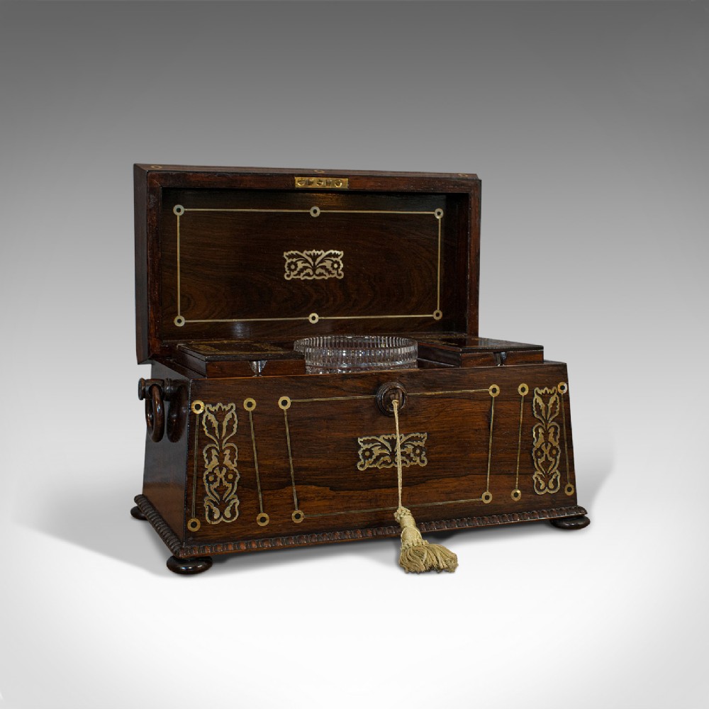 Antique Tea Caddy, English, Rosewood, Thomas of London, Regency, C.1820