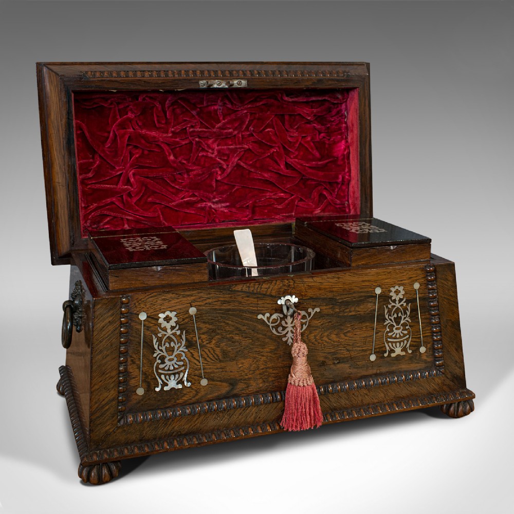 Ornate Antique Tea Caddy, English, Rosewood, Sarcophagus, Regency, C.1820