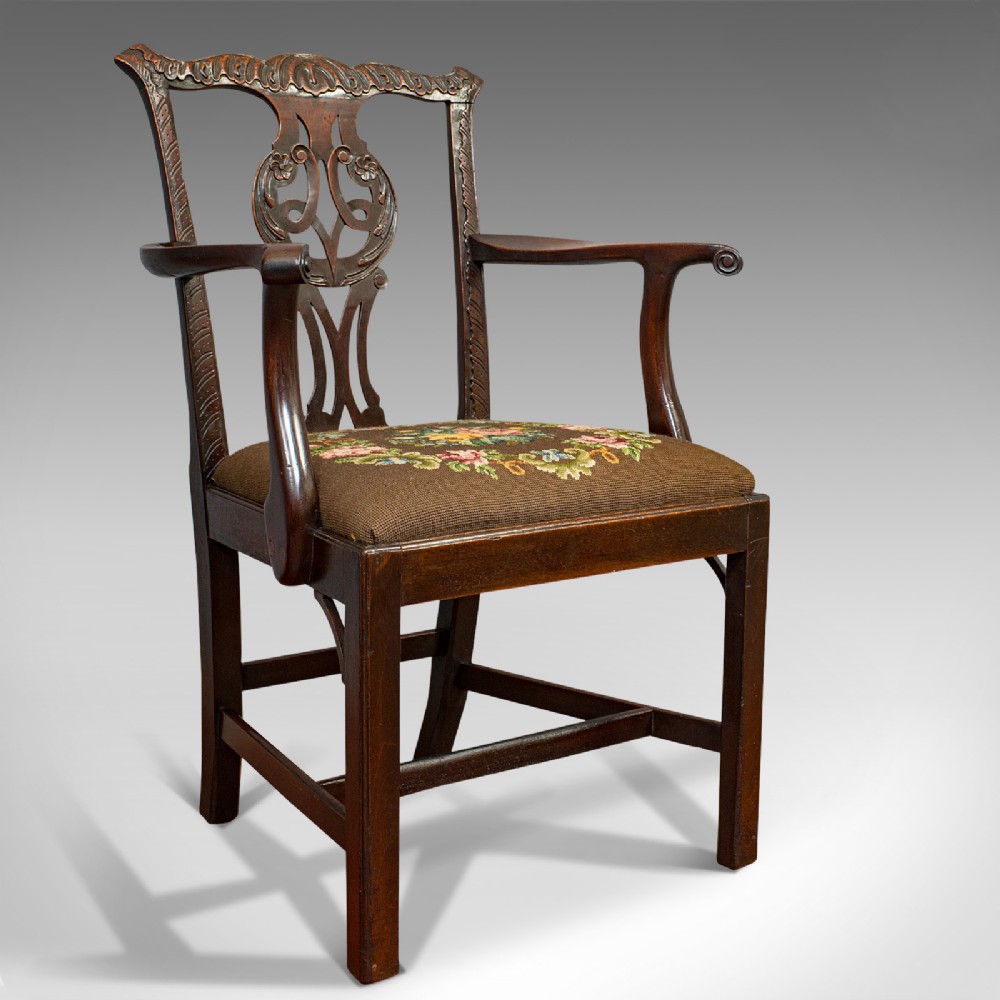 Antique Carver Chair, English, Mahogany, Needlepoint, Elbow, Chippendale Style